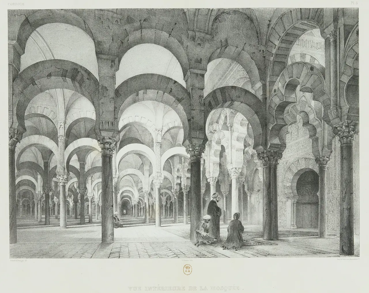 رسمٌ حجريٌّ لبيت الصلاة في جامع قرطبة: صفوفٌ من الأعمدة تعلوها عقودٌ مزدوجةٌ حدويةٌ تمتدُّ في العمق، وثلاثةُ أشخاصٍ صغارٍ يقفون بينها