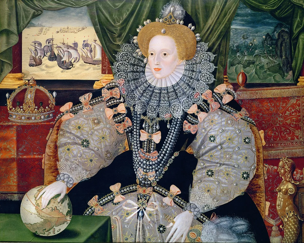 Oil portrait of Queen Elizabeth I with Armada seascapes behind her