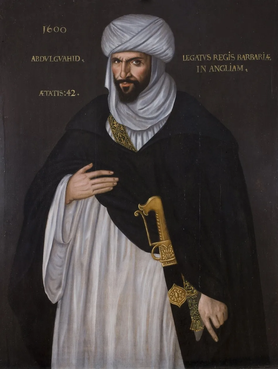 Oil portrait of Abd el-Ouahed ben Messaoud, Morocco's ambassador to Elizabeth's court, in turban, robes and sword