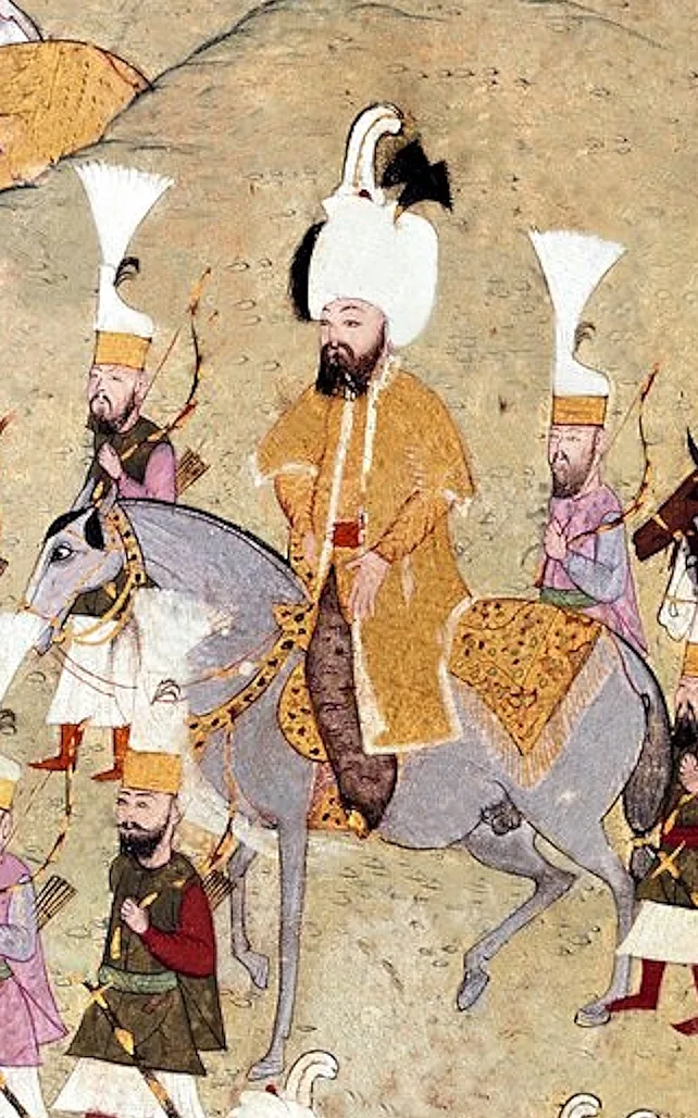 Ottoman miniature showing Sultan Murad III and his retinue receiving a foreign embassy
