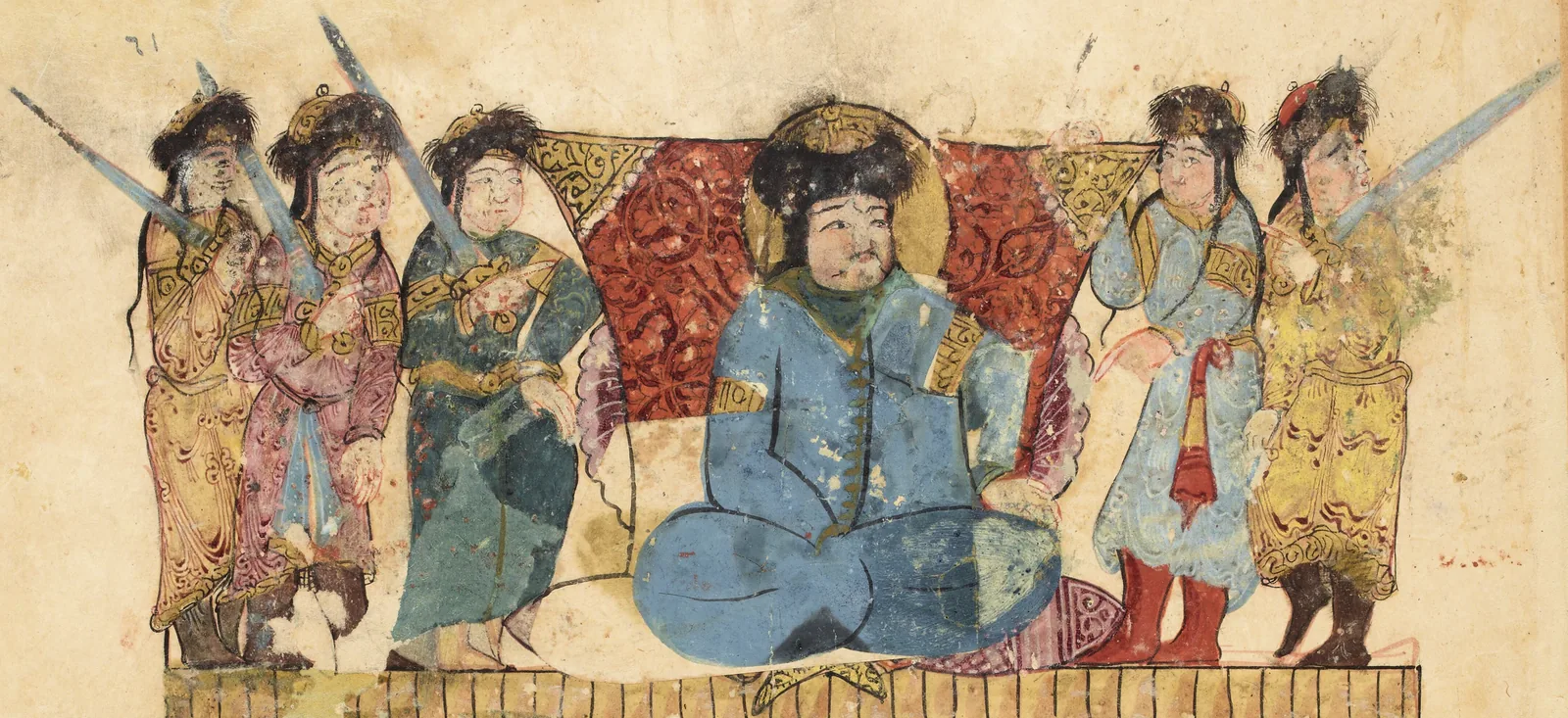 منمنمة عربية: رجلٌ جالسٌ متربّعٌ في صدر المجلس وحوله قومٌ وقوفٌ ينتظرون