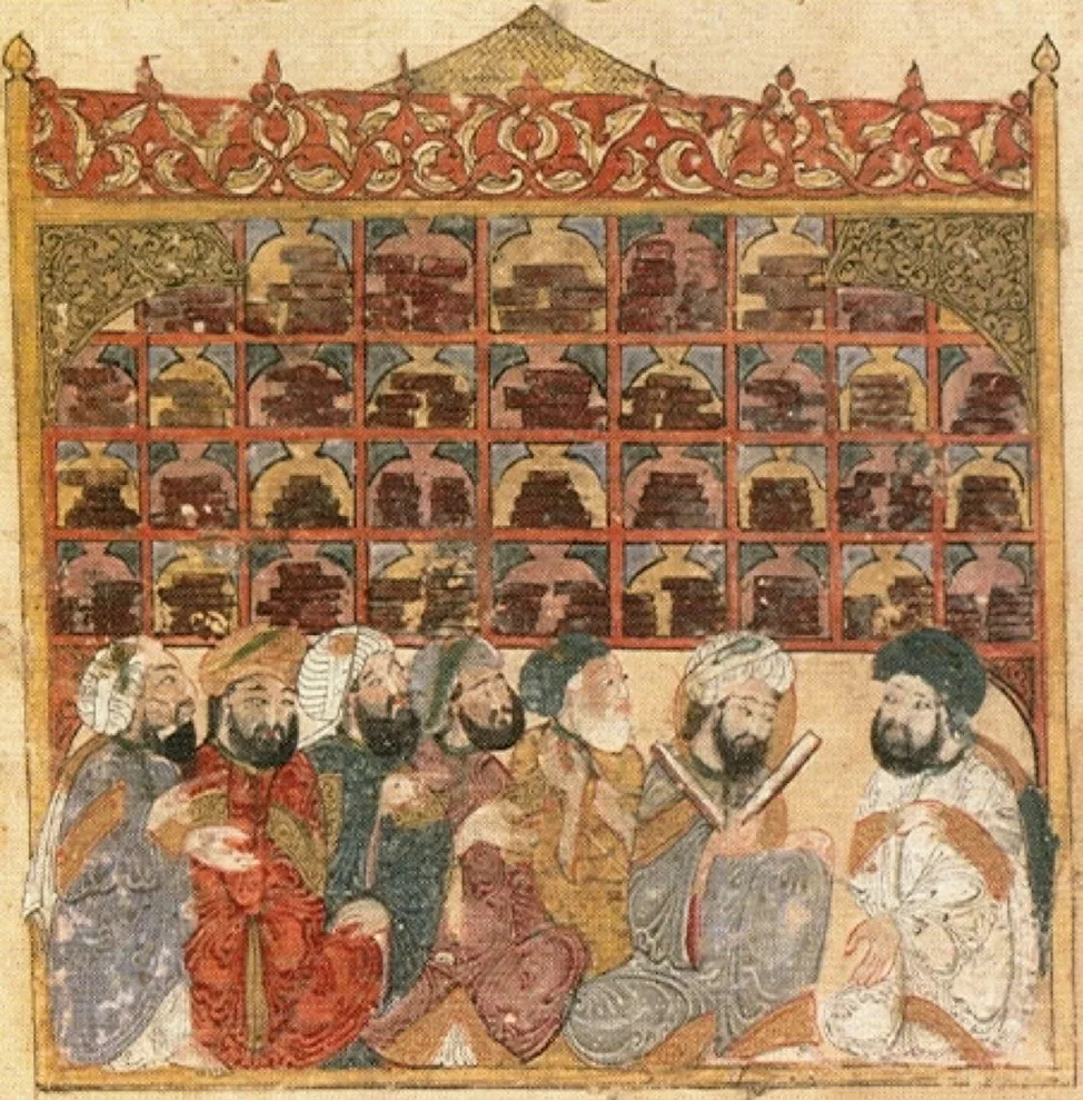 A miniature showing a gathering of students of learning in front of shelves ranged with books