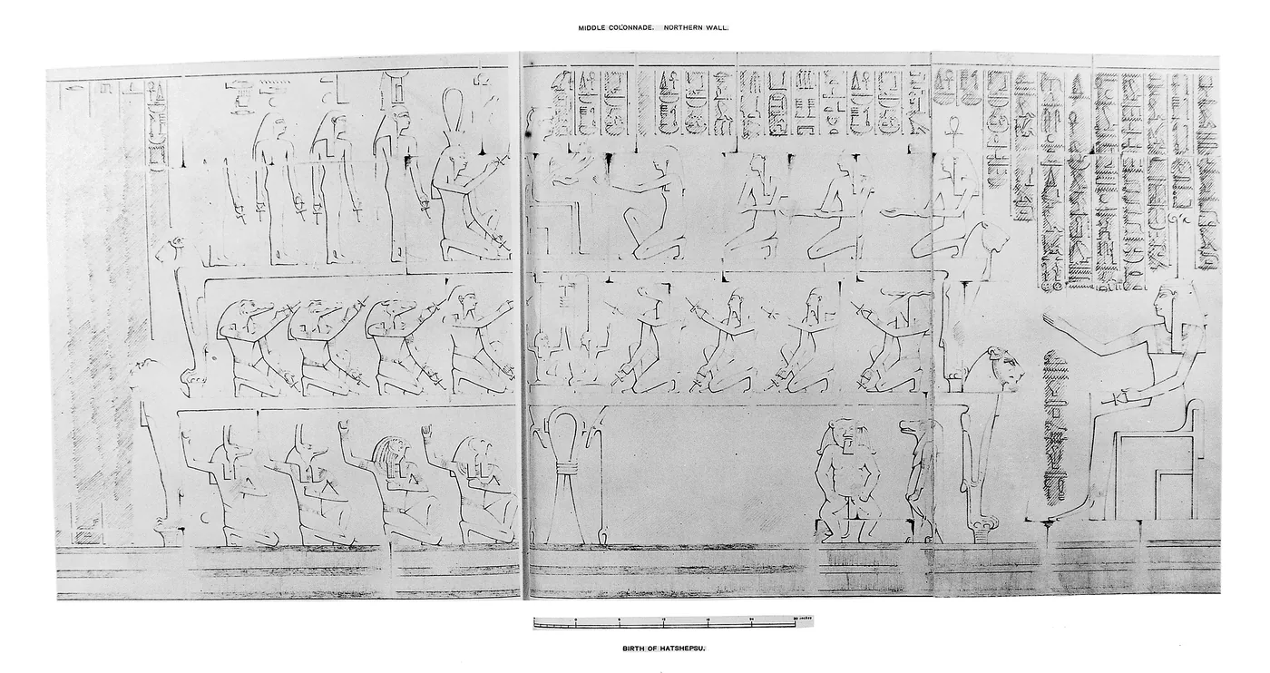 A relief on the wall of Hatshepsut's temple at Deir el-Bahari depicting the scene of the divine birth