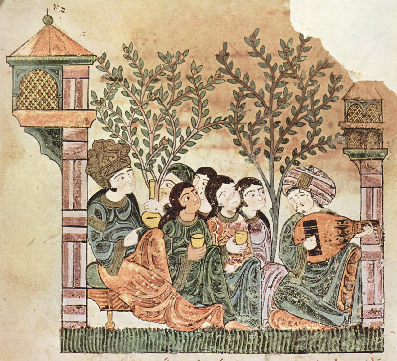 مشهدٌ من مخطوط «حديث بياض ورياض»: عازفٌ يغنّي على العود في مجلسٍ أندلسي