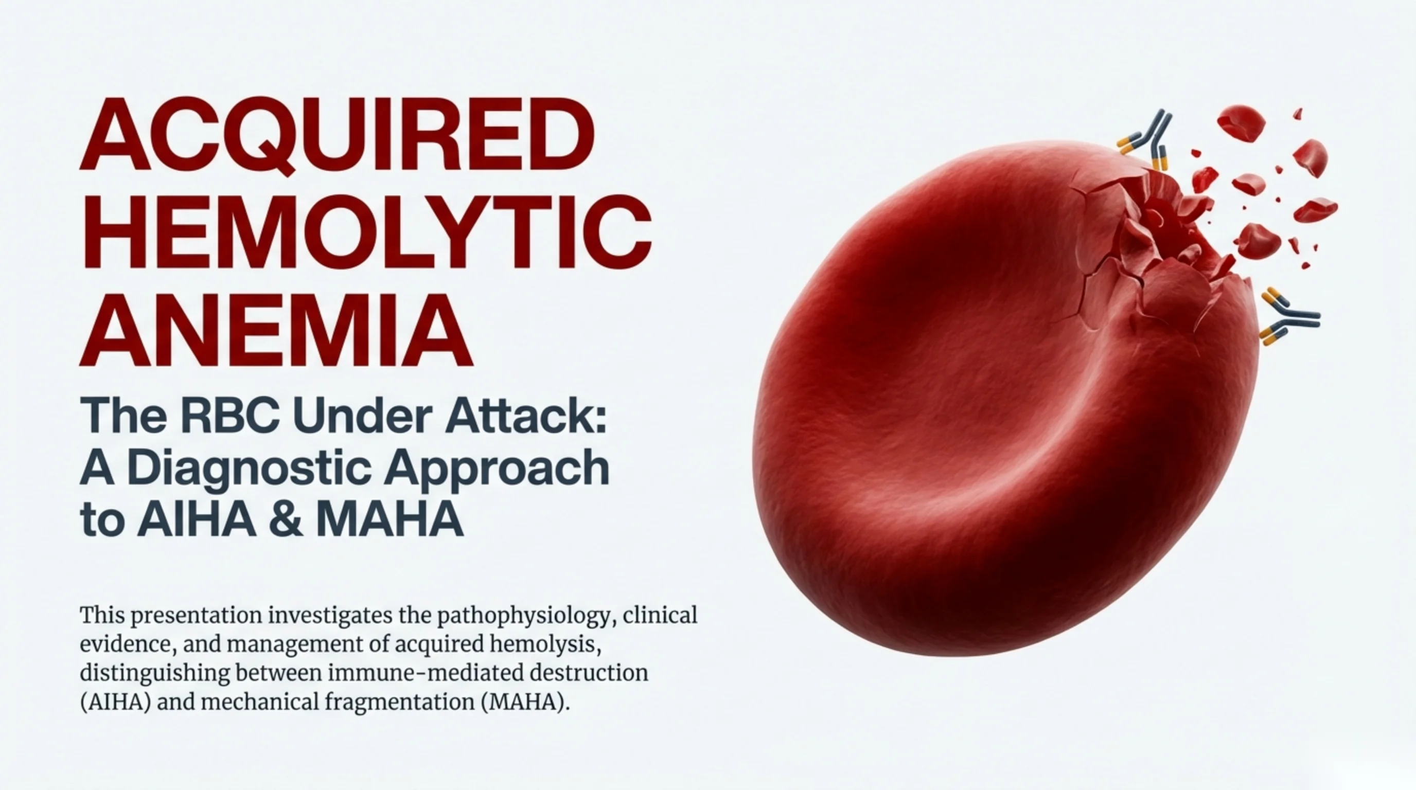 Title slide showing a red blood cell fragmenting under antibody attack, alongside the lecture title.