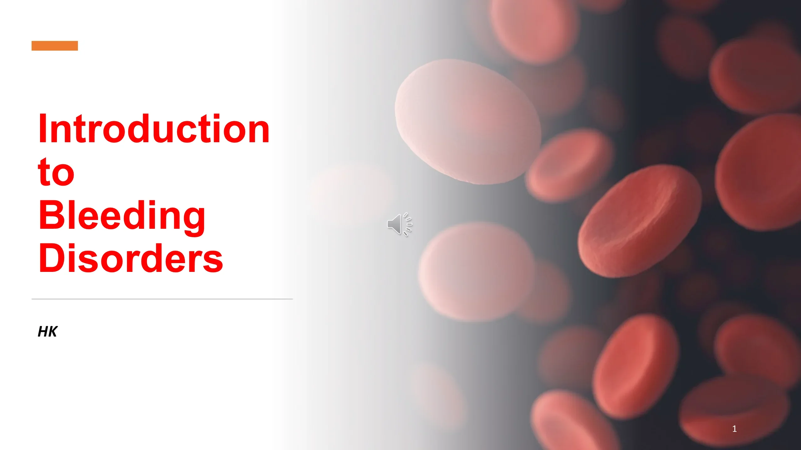 Title slide with large red text on the left and a microscopic image of red blood cells flowing on the right.