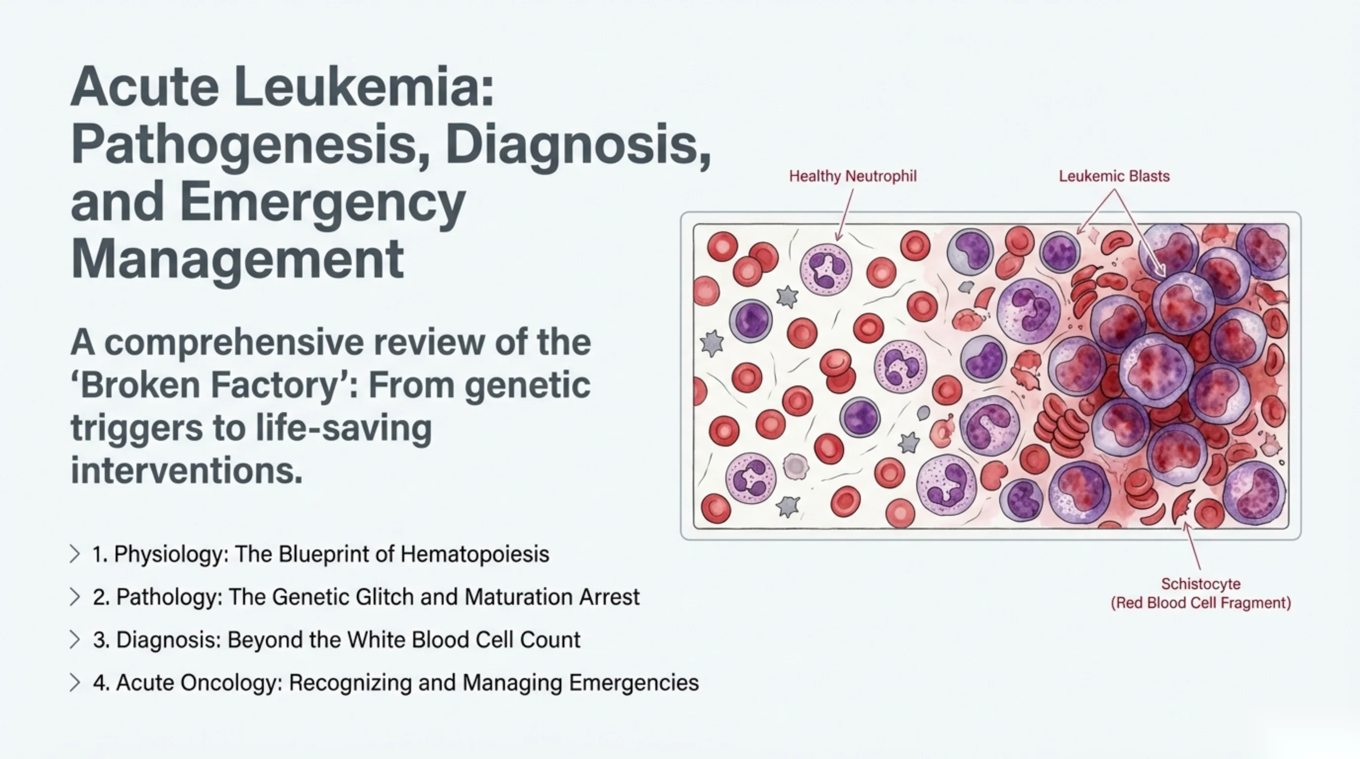 Title slide with a watercolor blood-smear illustration labeling a healthy neutrophil, clustered leukemic blasts, and a schistocyte (red blood cell fragment).