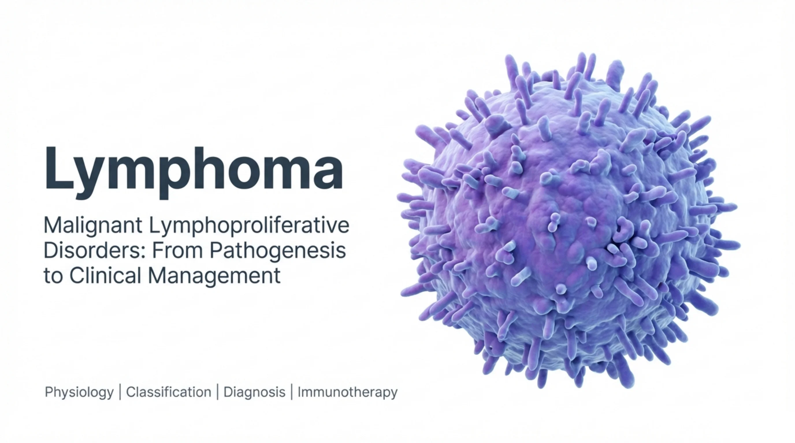 Title slide with a large 3D rendering of a purple lymphocyte covered in surface projections beside the deck title.